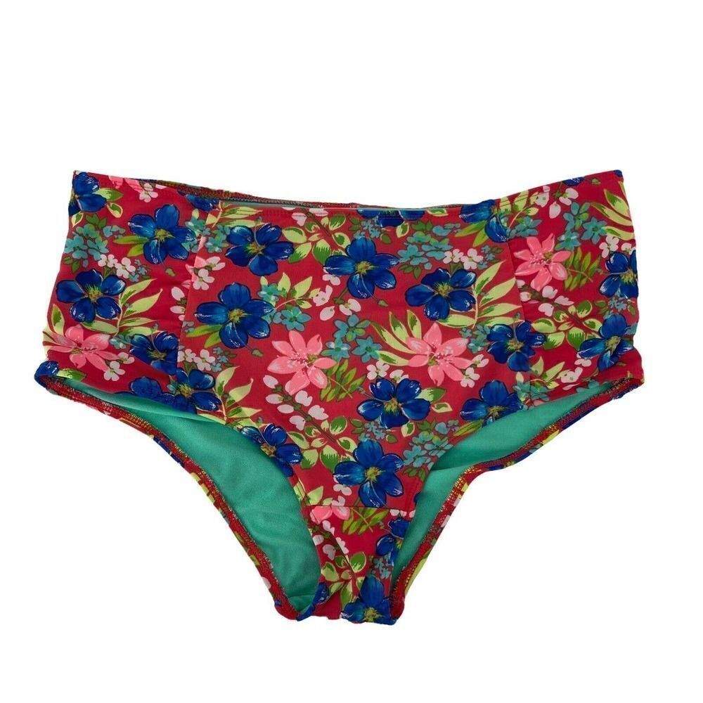 Hollister Bikini Bottom High Waist Size M / L Tropical Floral Red Blue Swimwear